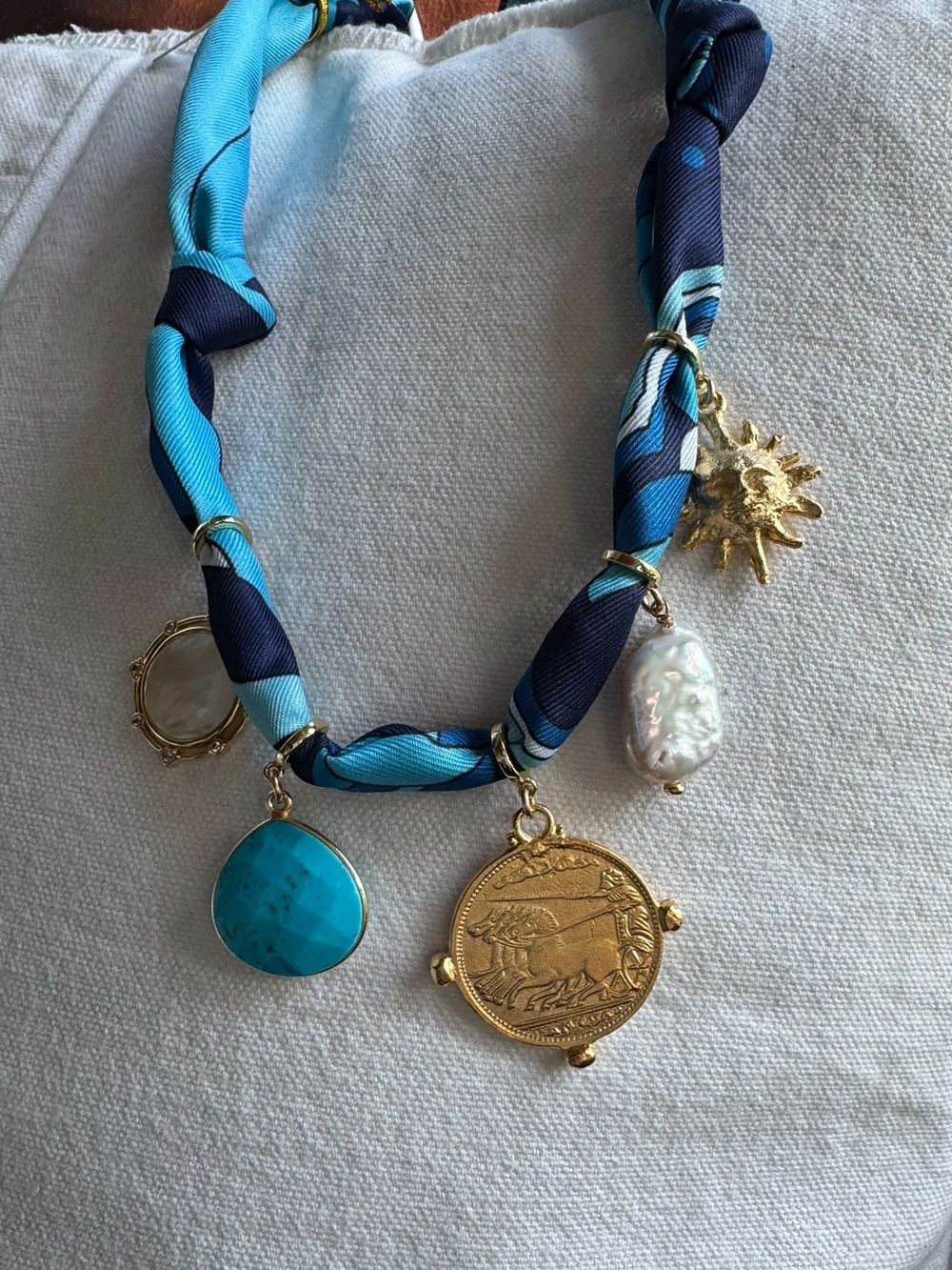Gold Coin & Turquoise Charm Necklace with Blue Silk Wrap